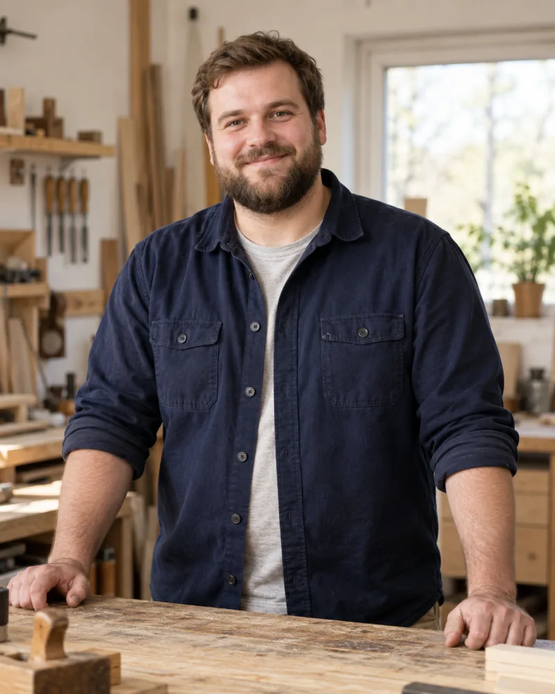 Hannes: ein freundlicher, bärtiger Mann in blauer Arbeitskleidung. KI-generierte Markenfigur.
